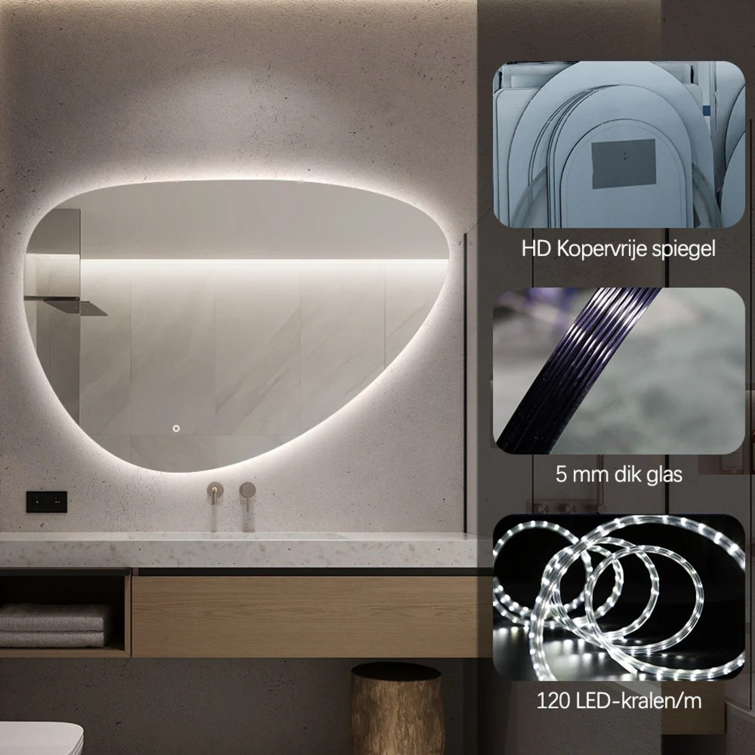 Badkamerspiegel met LED-verlichting en detailfoto's van spiegel, glas en LED-strip.