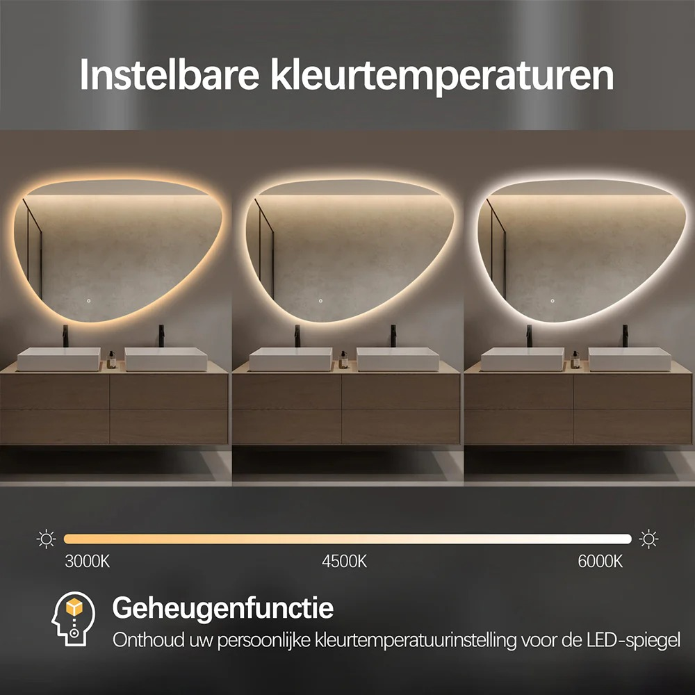 Een spiegel met instelbare kleurtemperatuur, van warm geel tot koel wit licht.