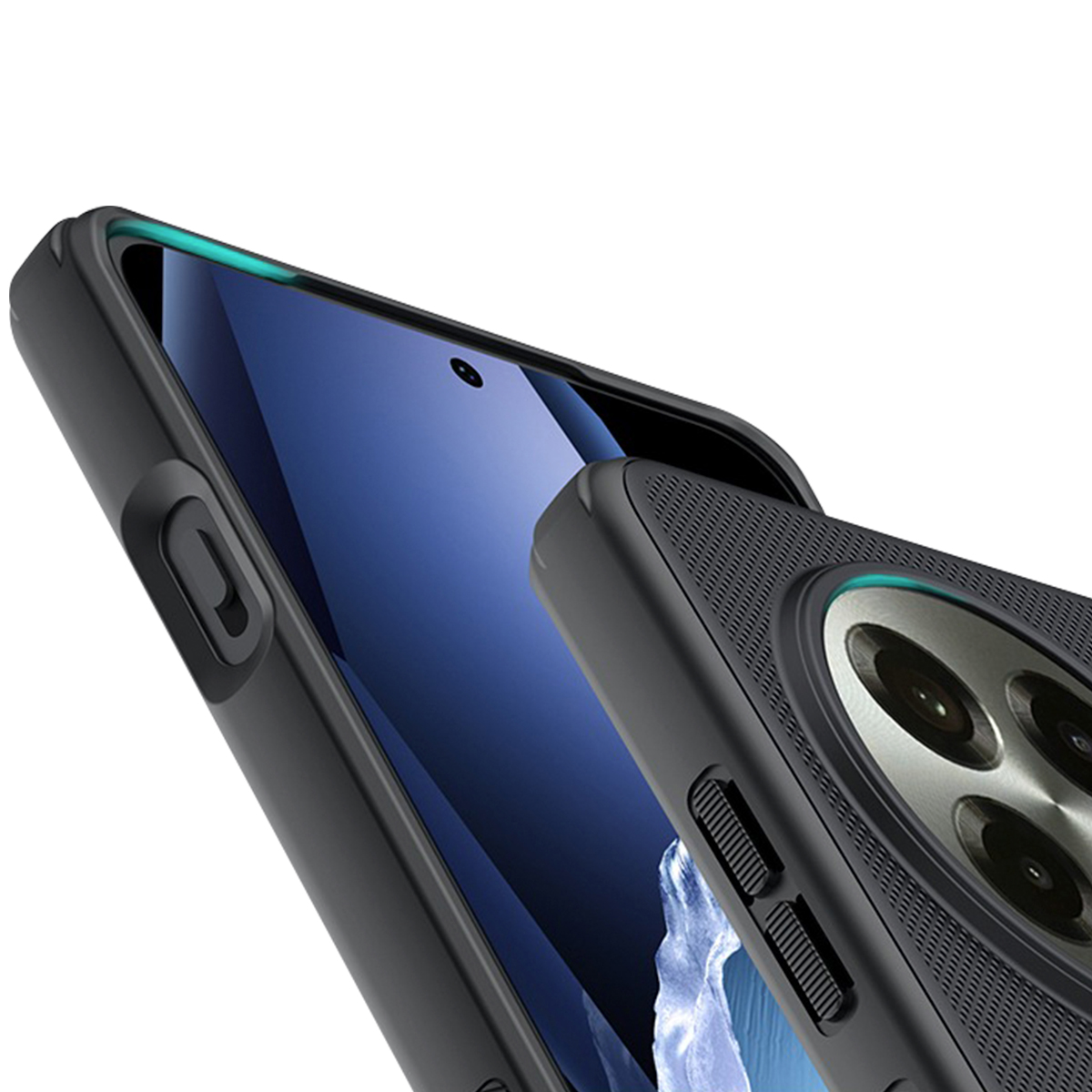 Schwarzes Smartphone mit Kamerasystem und blauem Bildschirm, Nahaufnahme.