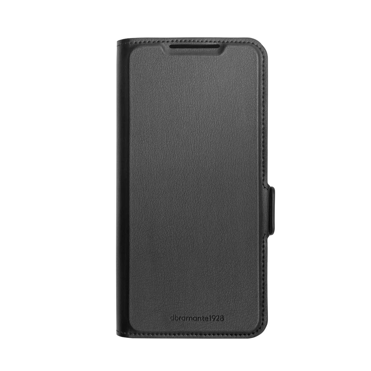 Una funda de cuero negra con el logo "dbramante1928" sobre fondo blanco.