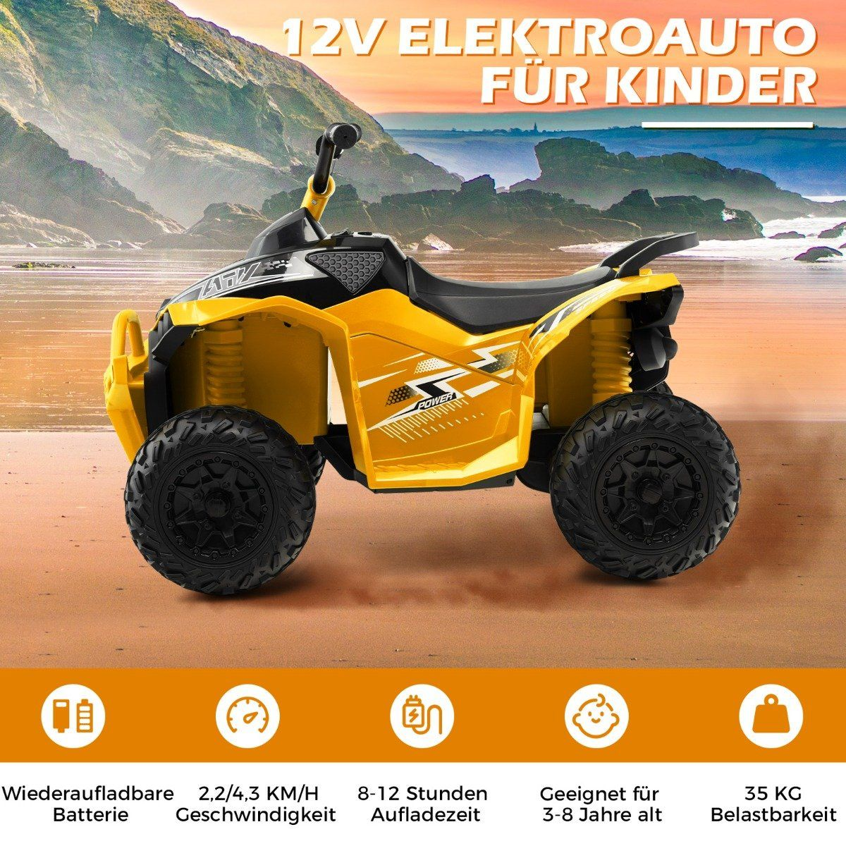Gele elektrische kinder-ATV met zwarte wielen op het strand.