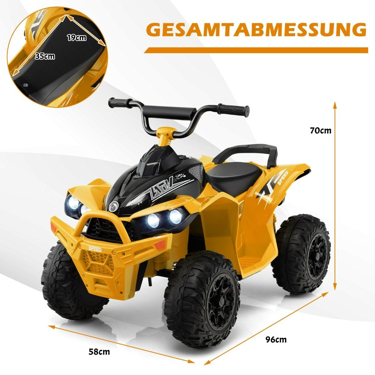 Gele speelgoed quad met zwarte accenten, koplampen en wielen. Afmetingen getoond.