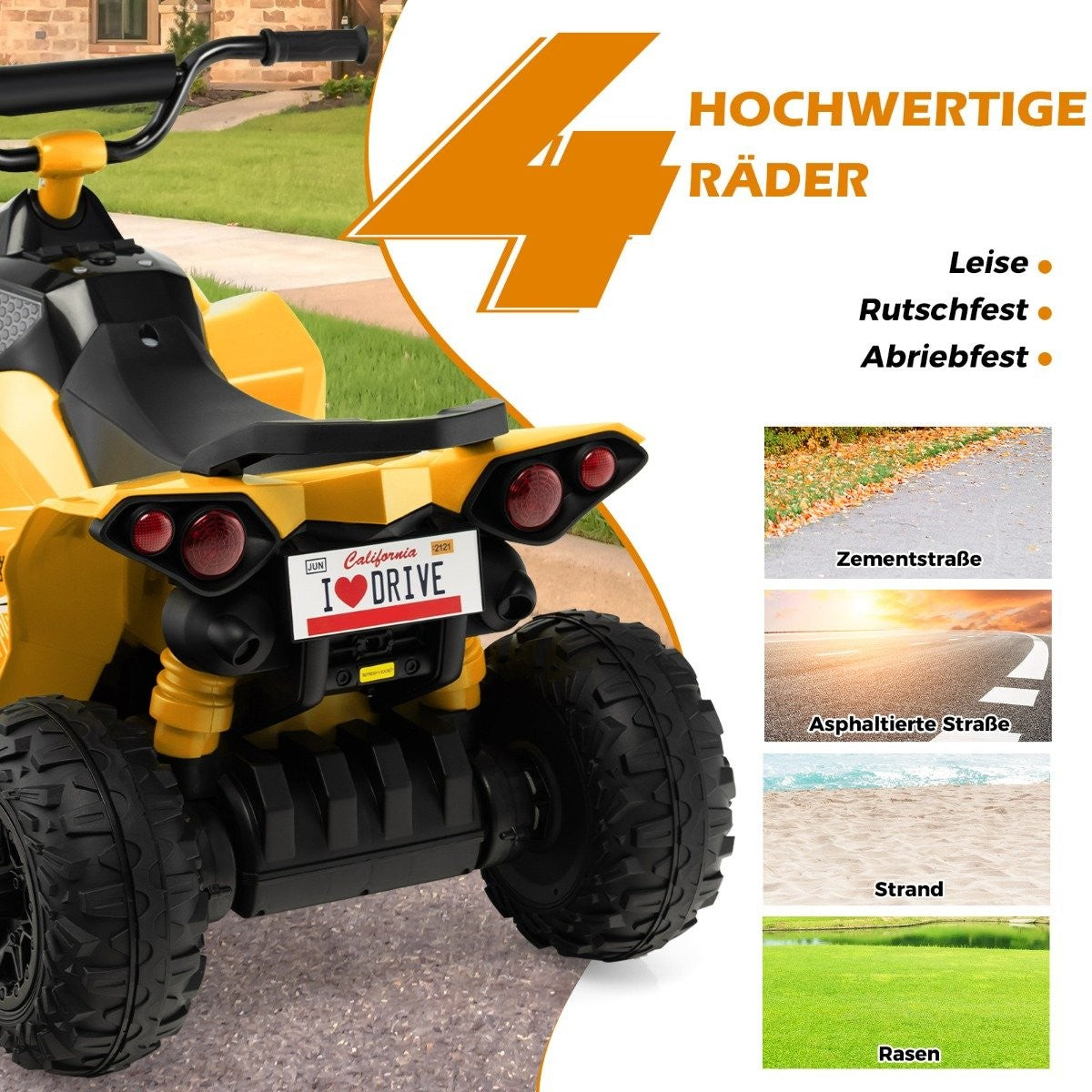 Gele kinder quad met "I DRIVE" kenteken, vier wielen.