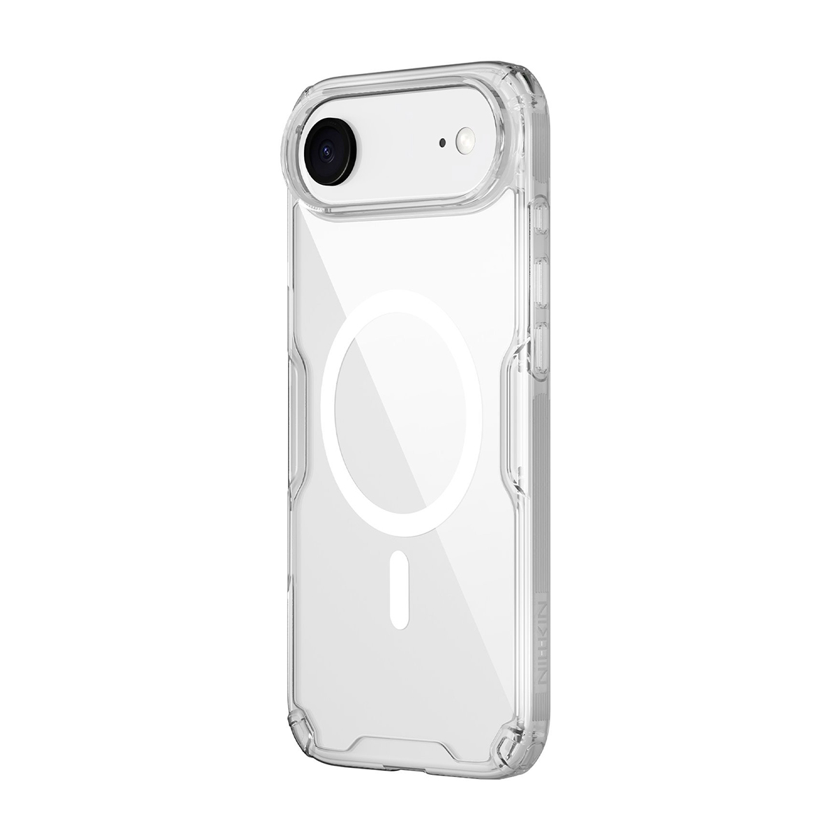 Transparente Schutzhülle für ein Smartphone mit Kameramodul und Magnetring.