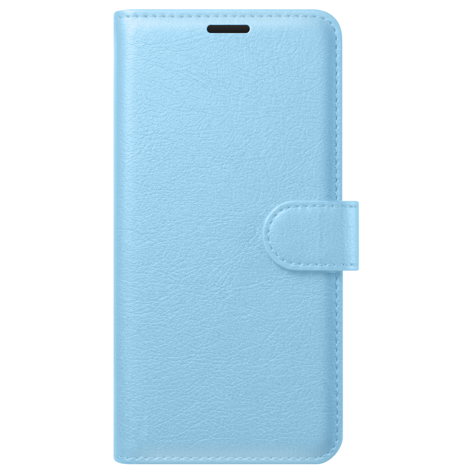 Funda azul claro para teléfono con solapa y costuras.