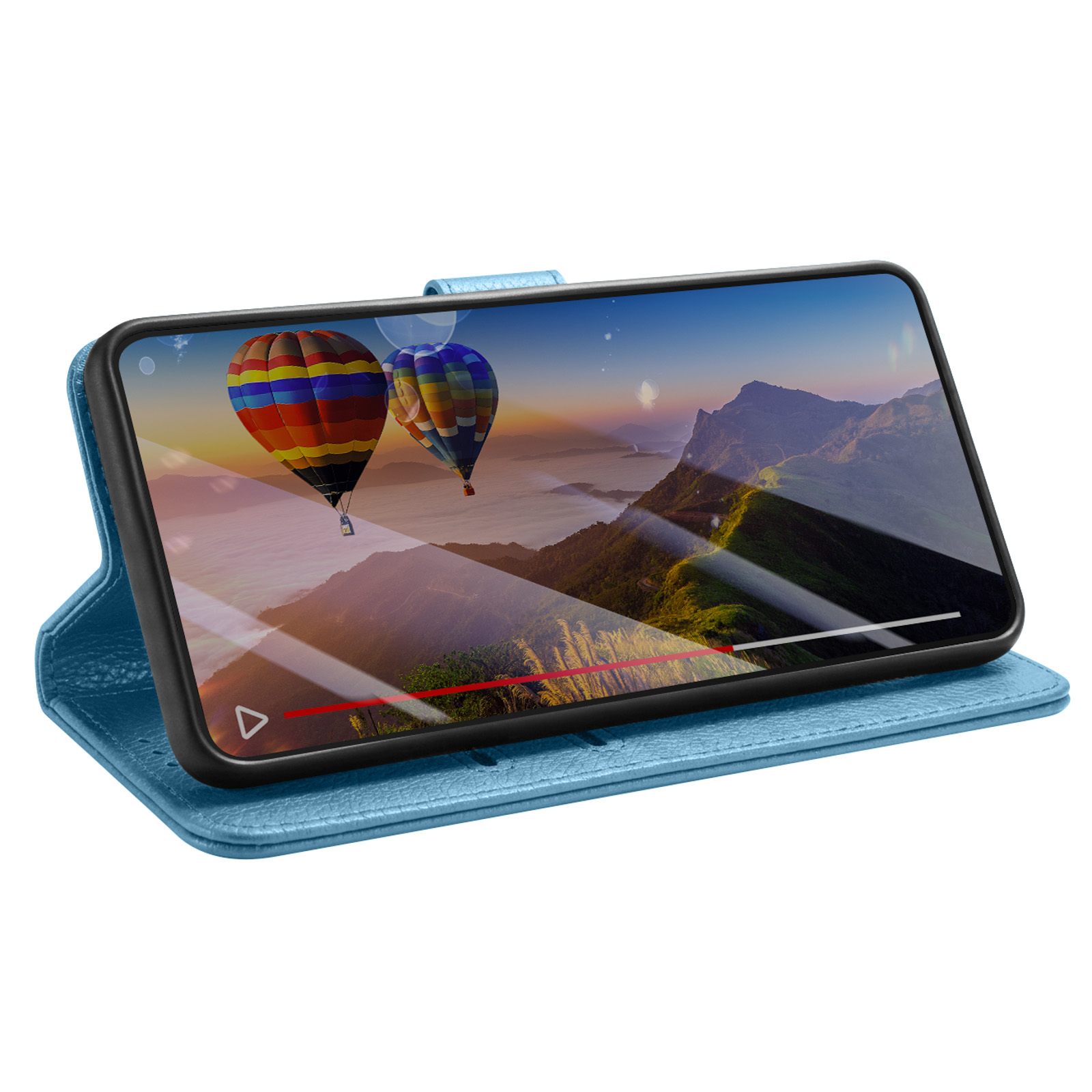 Funda tipo libro azul claro para teléfono con dos globos aerostáticos coloridos sobre un paisaje montañoso.