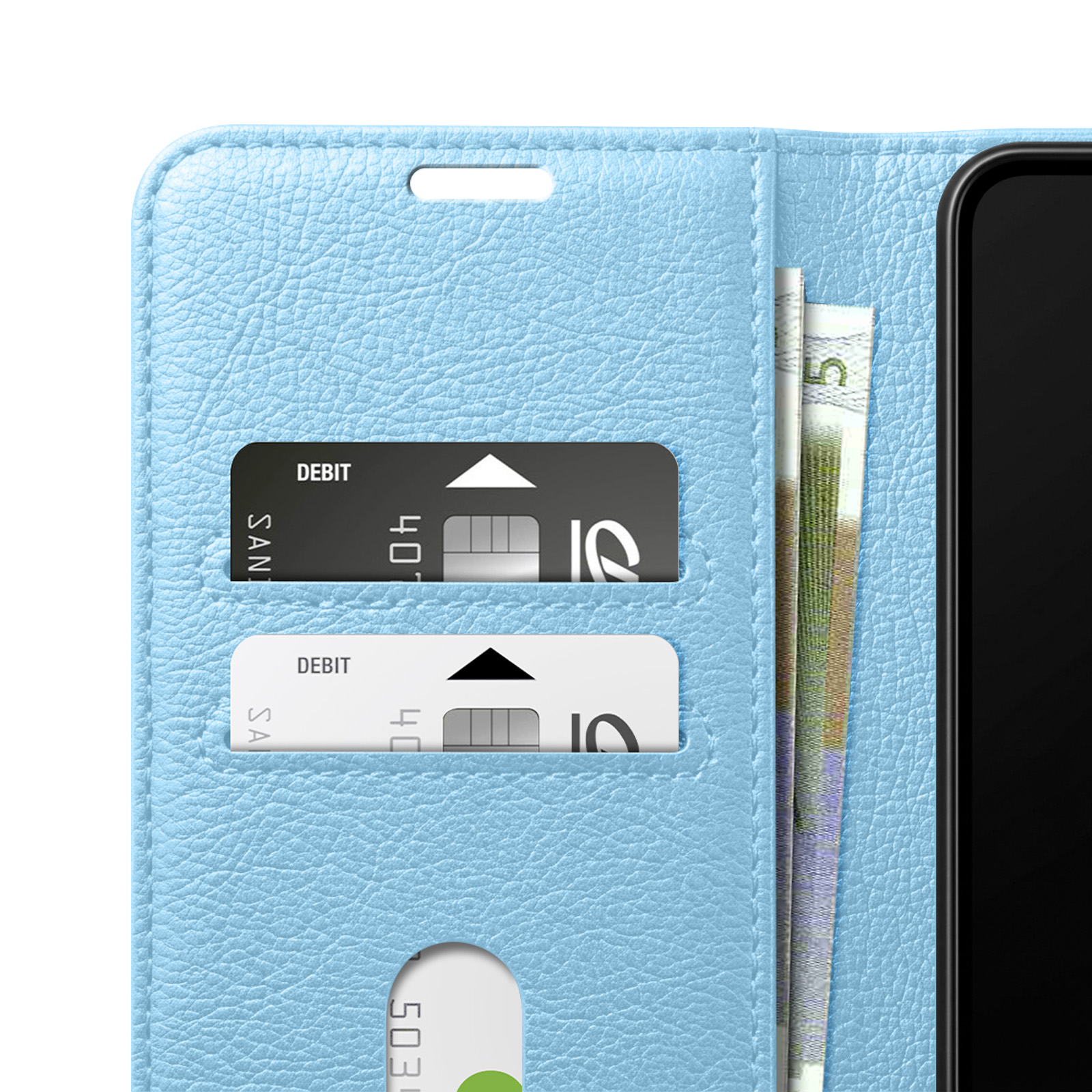 Funda de cuero azul claro con ranuras para tarjetas, efectivo y smartphone.