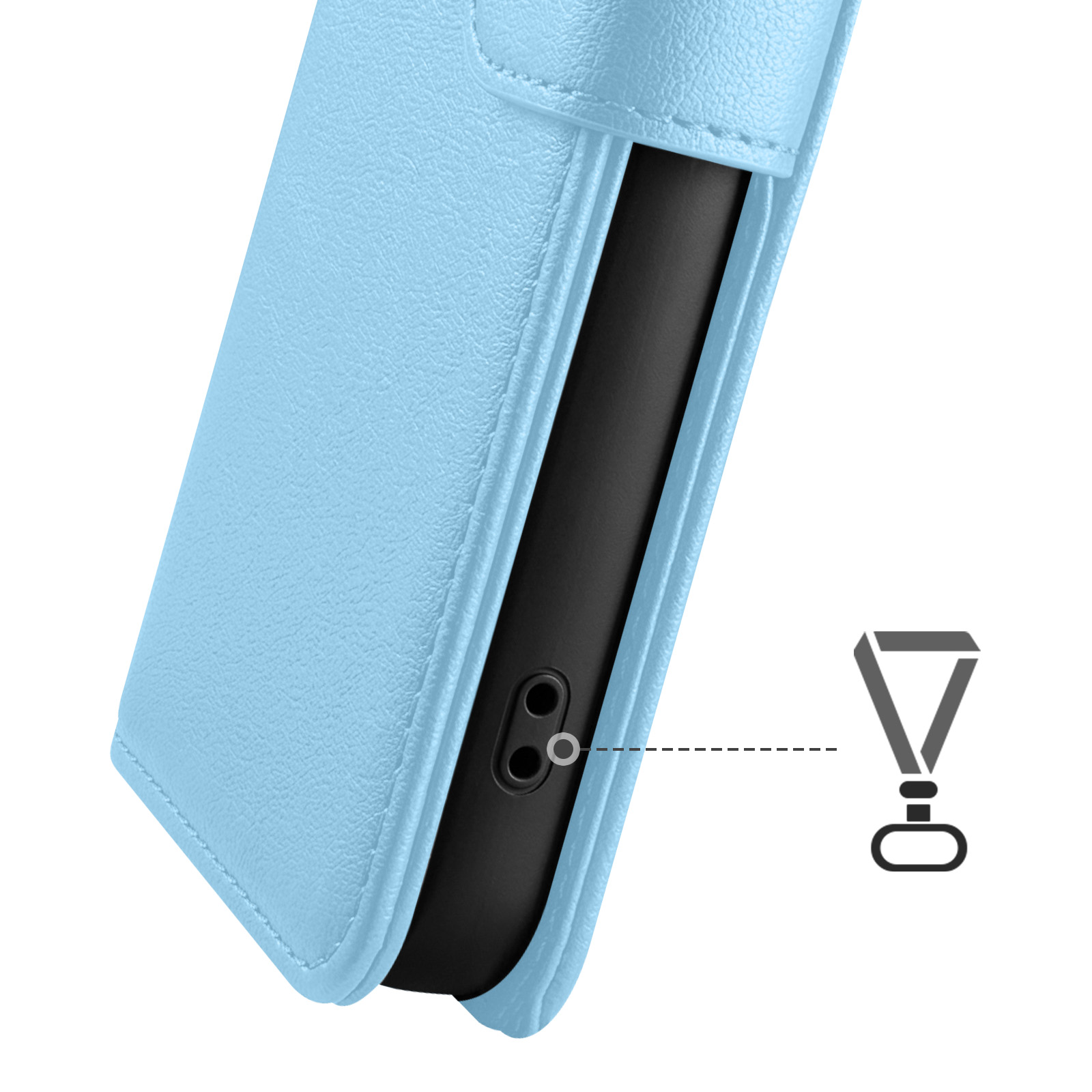 Funda de teléfono azul claro con teléfono negro e icono de cordón.
