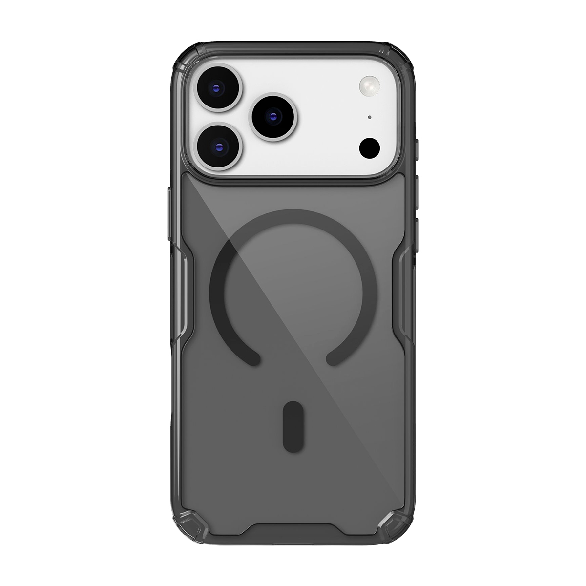 Una funda de teléfono oscura y transparente con diseño de círculo y raya.