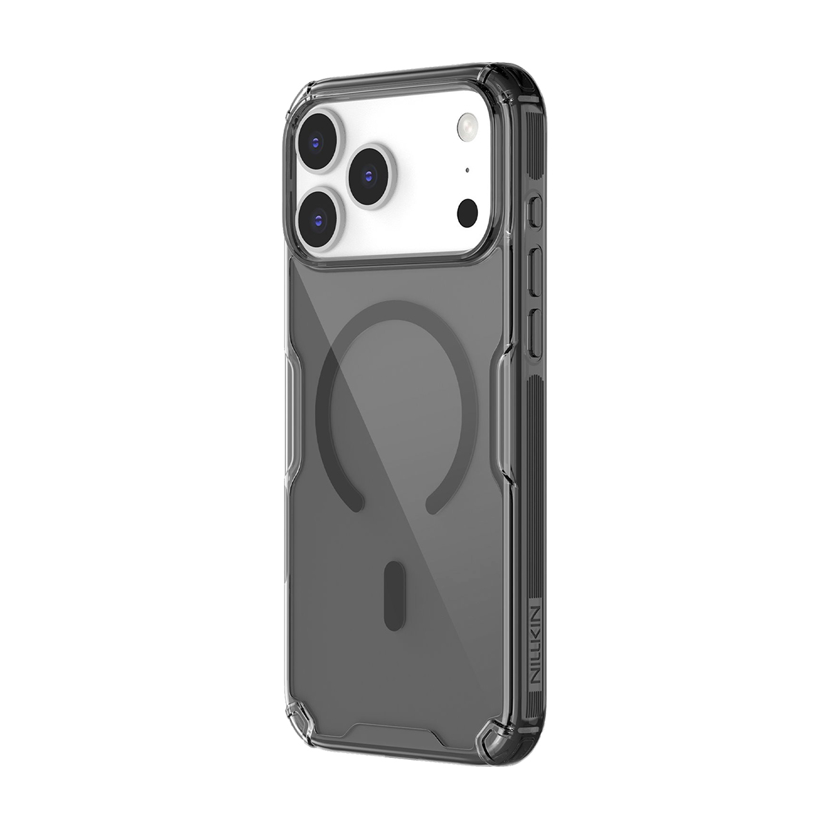 Funda transparente para teléfono con anillo MagSafe y tres lentes.