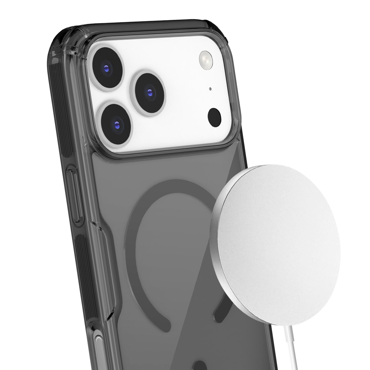 Un iPhone negro en una funda transparente con una base de carga blanca adherida.