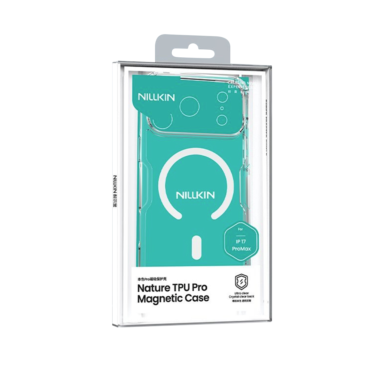 Embalaje de una funda magnética Nillkin TPU Pro verde para iPhone 17 ProMax.