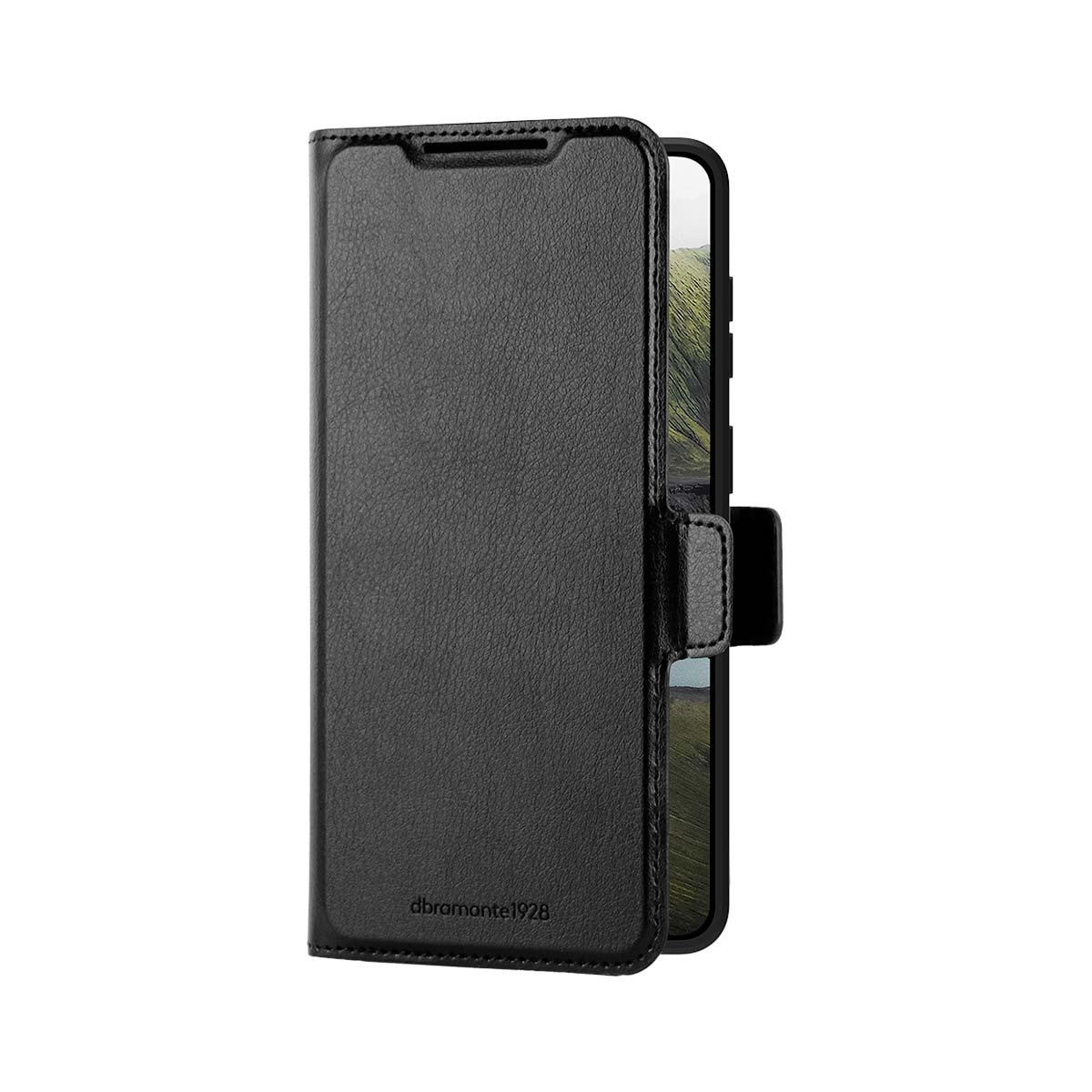Se muestra una funda negra de cuero para teléfono abatible con cierre magnético.