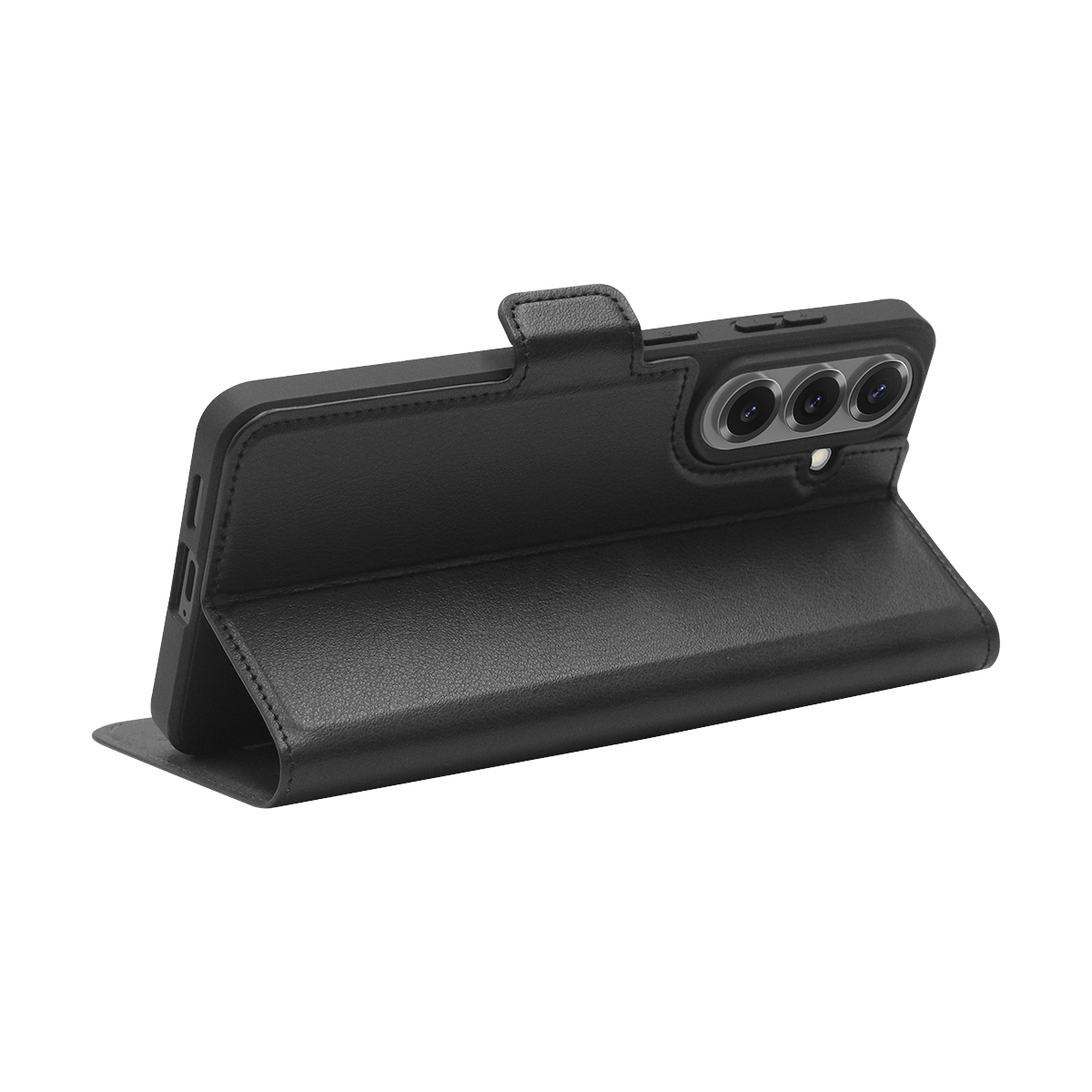 Funda tipo libro de cuero negro para smartphone, mostrando tres lentes.
