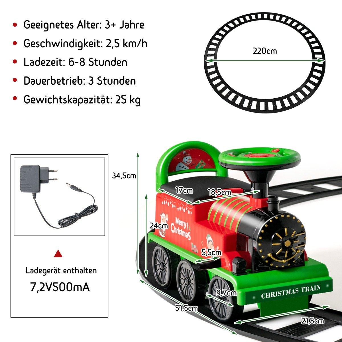 A red toy train with dimensions and charging information.