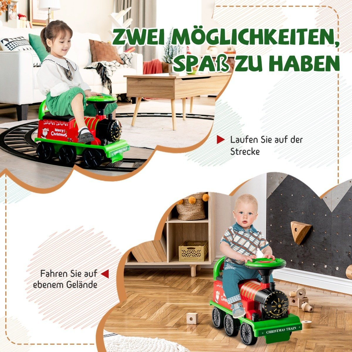 A girl rides a toy train on tracks; a baby sits on a train on the floor.