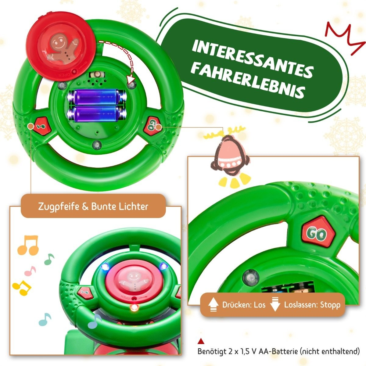Green toy steering wheel with batteries, lights, and text. An interesting driving experience.