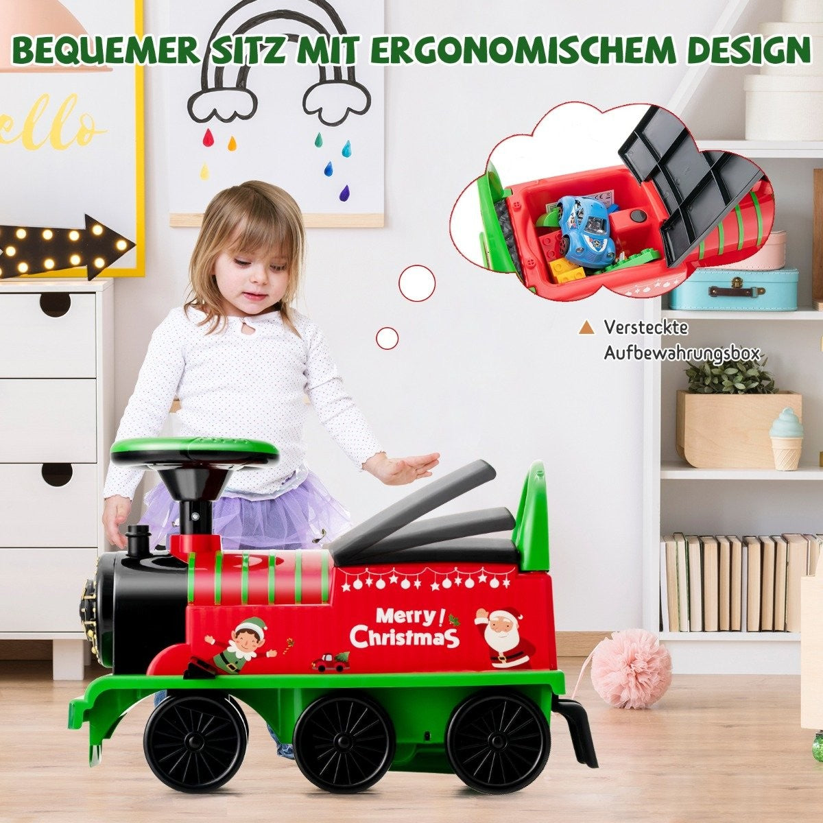 A little girl rides a red toy train with Christmas decorations.