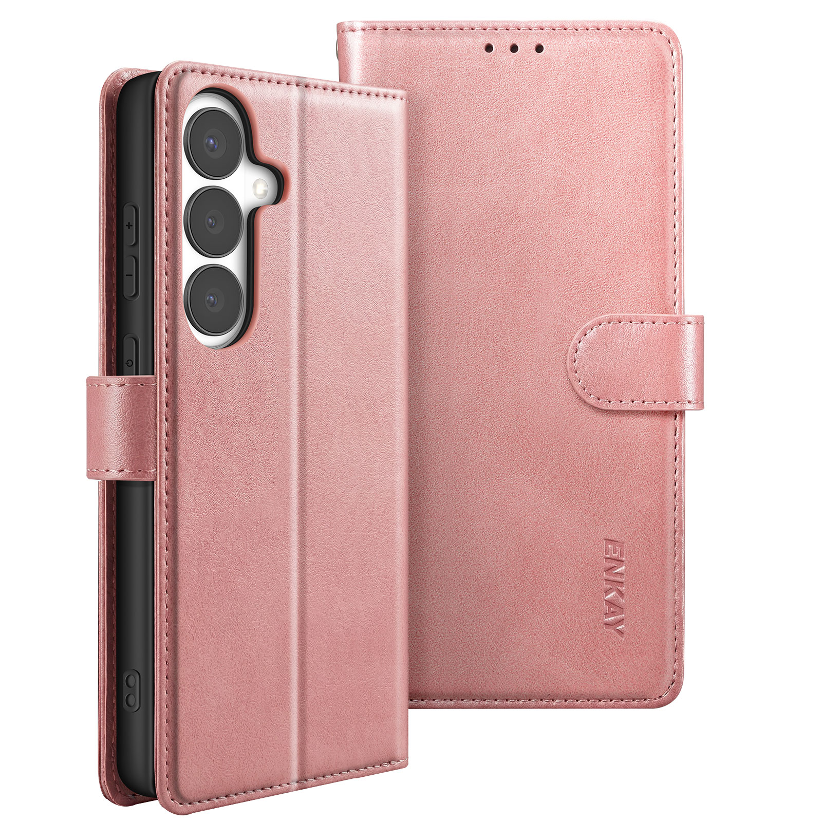 Un teléfono rosa con tapa abatible, mostrado abierto y cerrado.