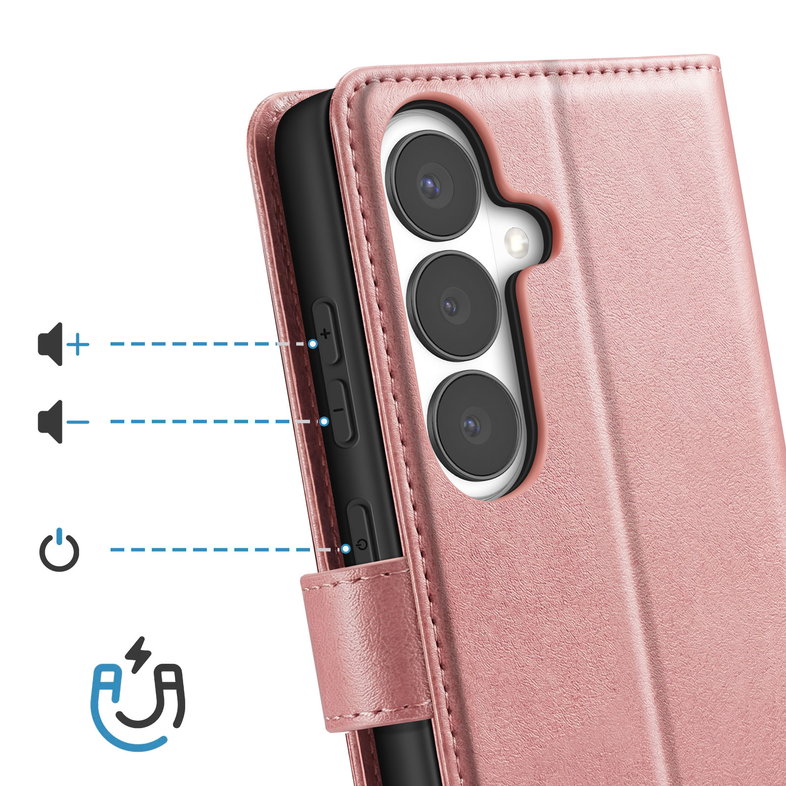 Funda rosa para teléfono con recorte de cámara. Se muestran los botones de volumen y encendido.