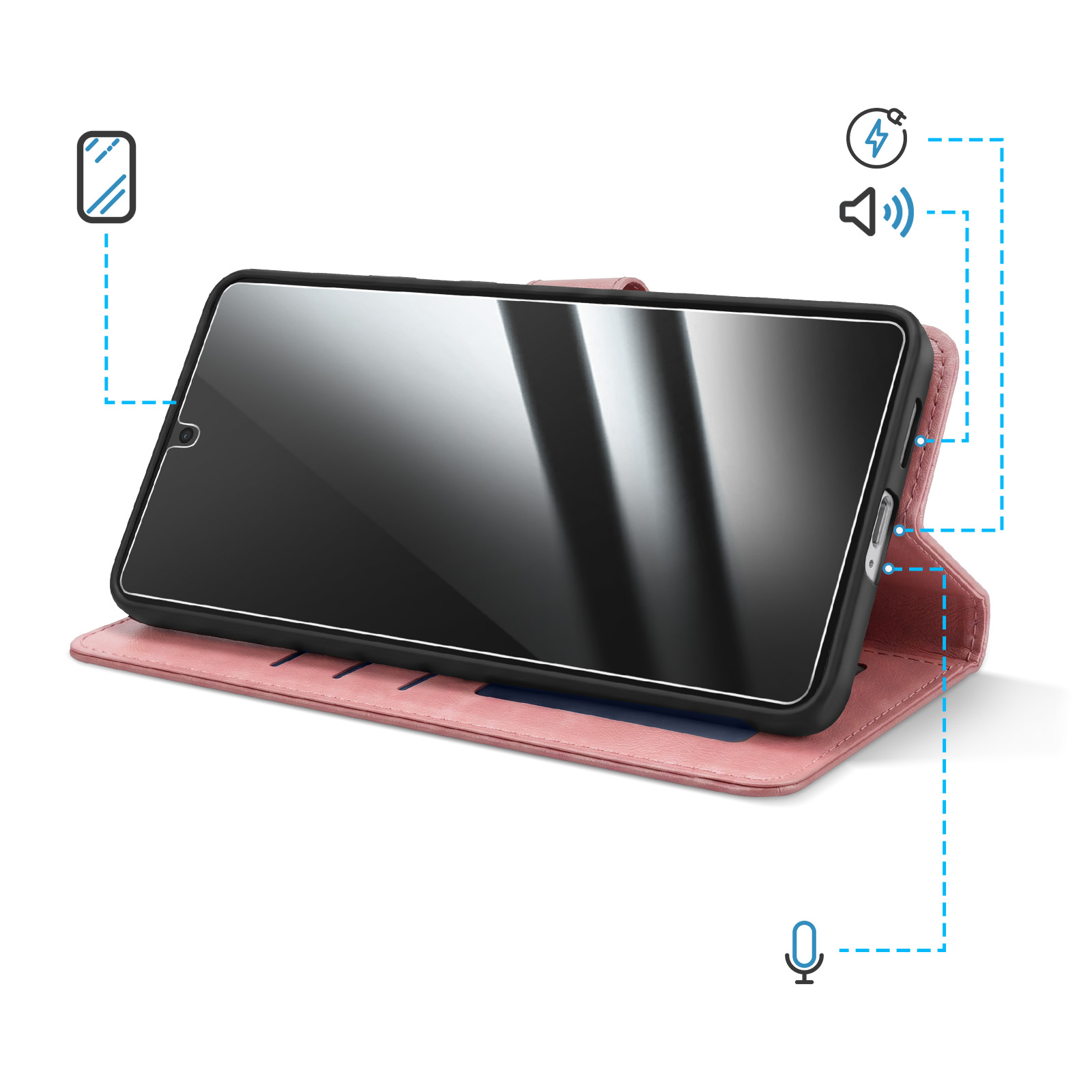 Una funda rosa para teléfono abatible con un smartphone dentro. Iconos muestran funciones de carga, altavoz y micrófono.