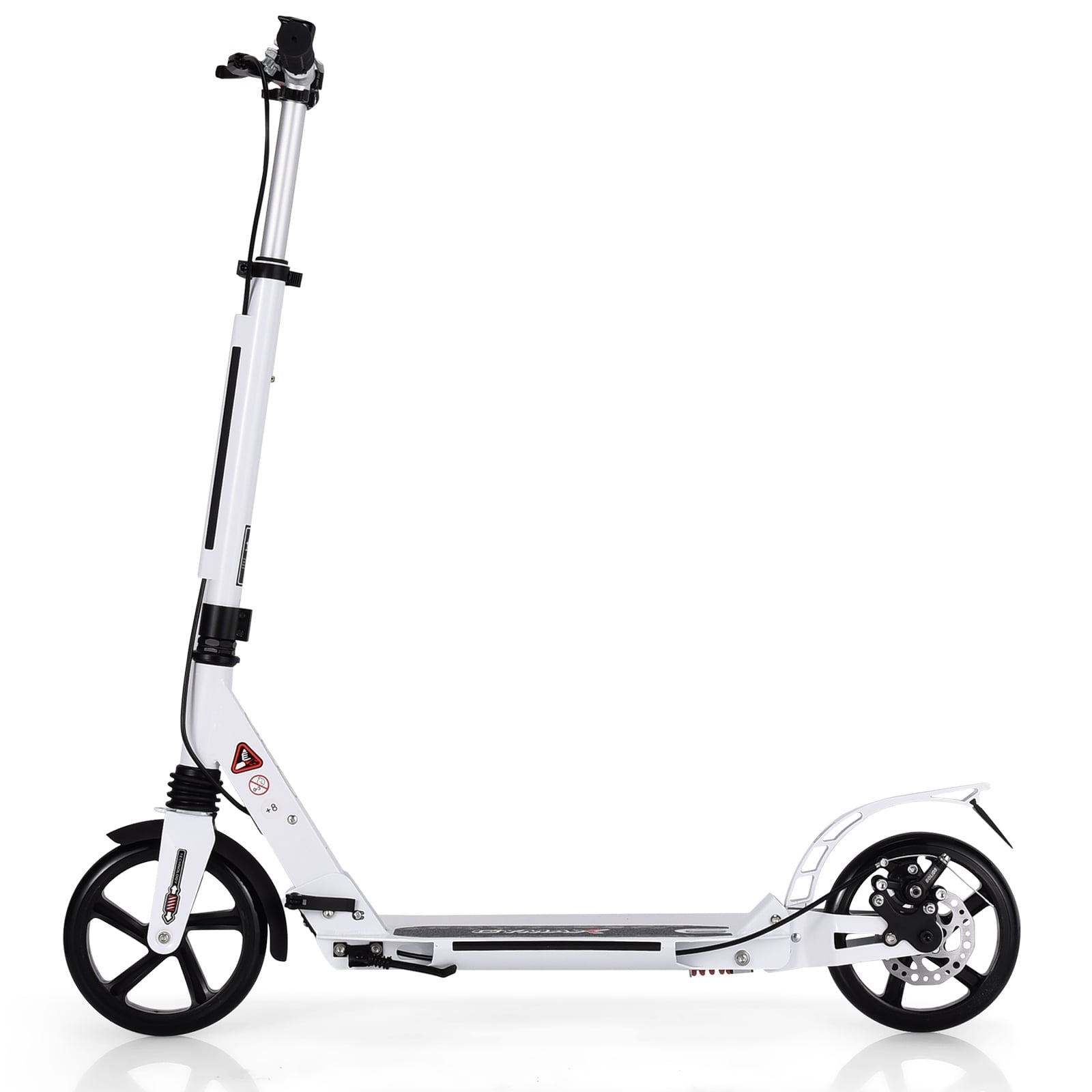 A white scooter with black wheels and handlebars, shown from the side against a white background.