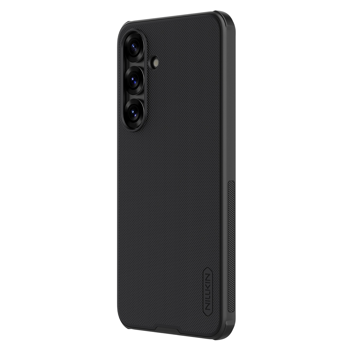 Funda de teléfono negra con patrón texturizado y tres lentes de cámara.