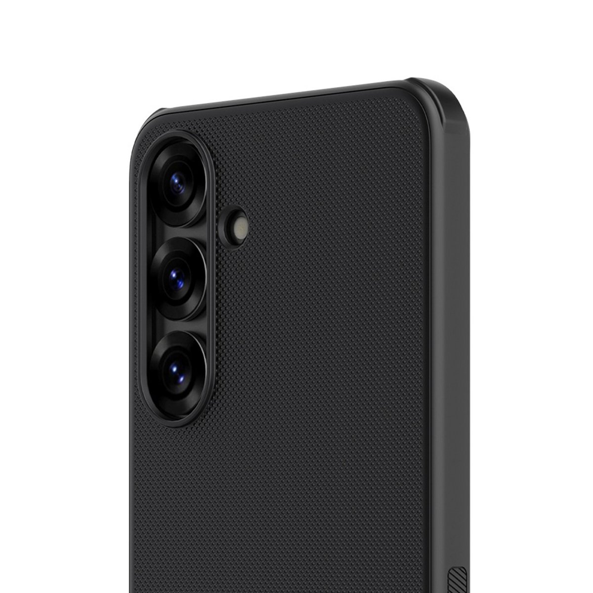Funda de teléfono negra con triple cámara y patrón de diamantes.