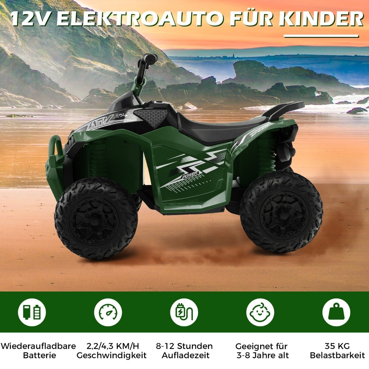 Green electric quad for kids on a beach with mountains in the background.