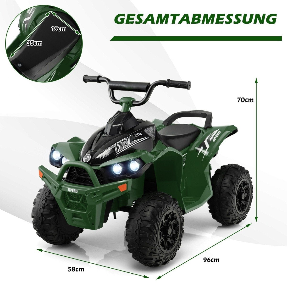 Dark green children's ATV with black accents and dimensions.