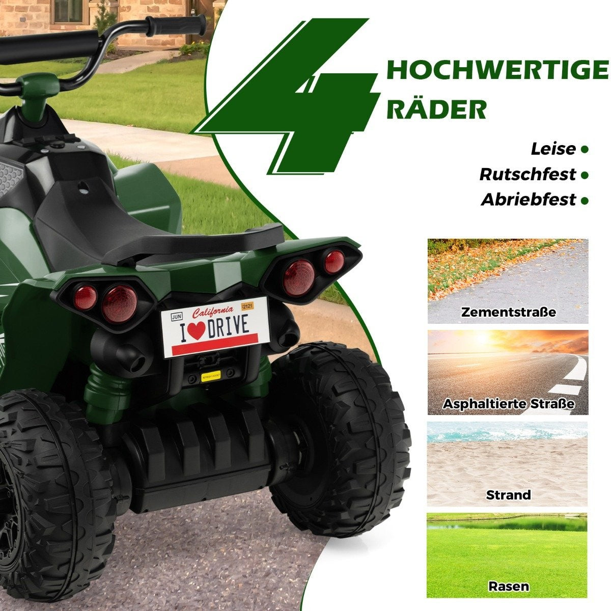 A green children's quad with a CALIFORNIA license plate.