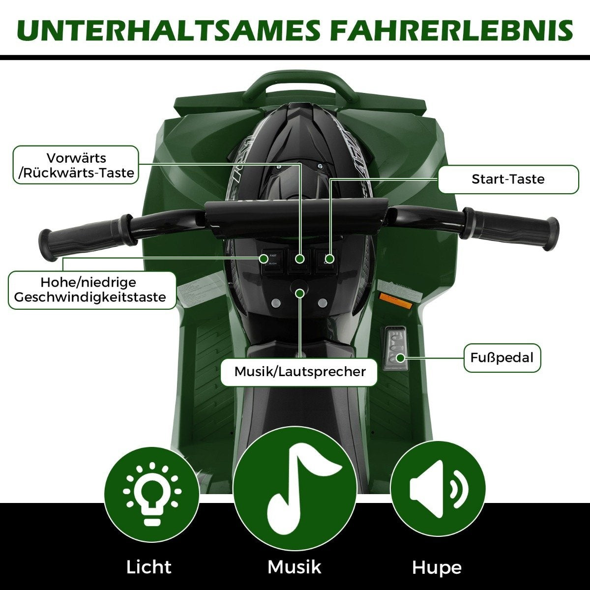 Green child's ride-on toy vehicle with handlebars, buttons for light, music, horn, forward/reverse.