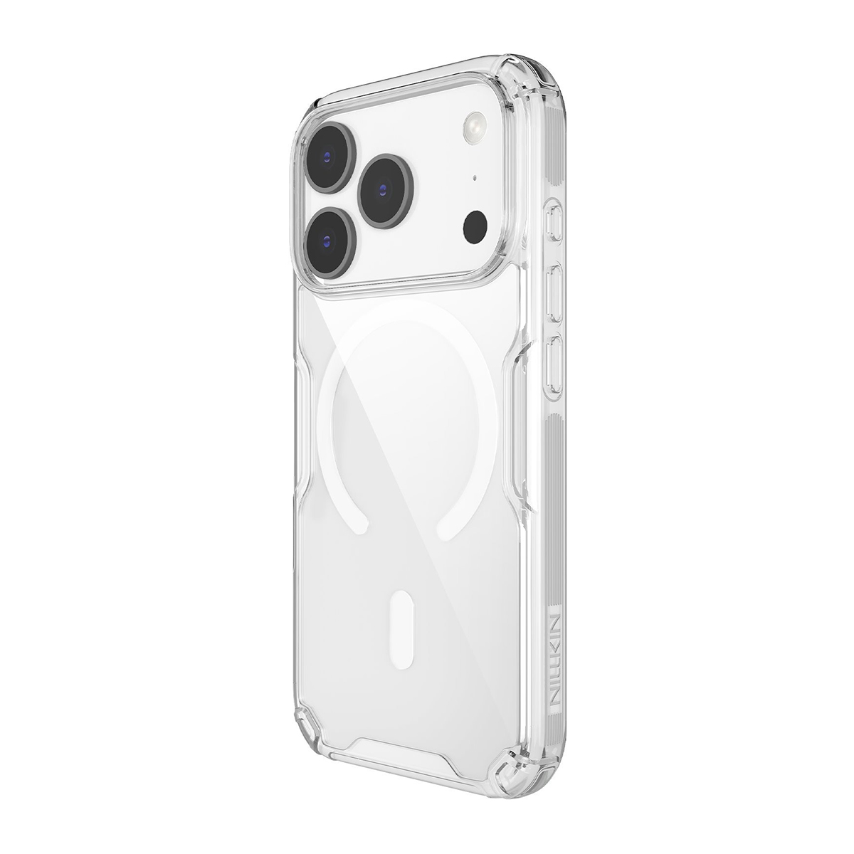 Transparente Hülle für ein Smartphone mit drei Kameras und Magnetring.