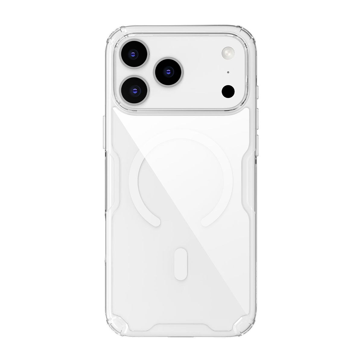 Funda de teléfono transparente con triple cámara trasera.