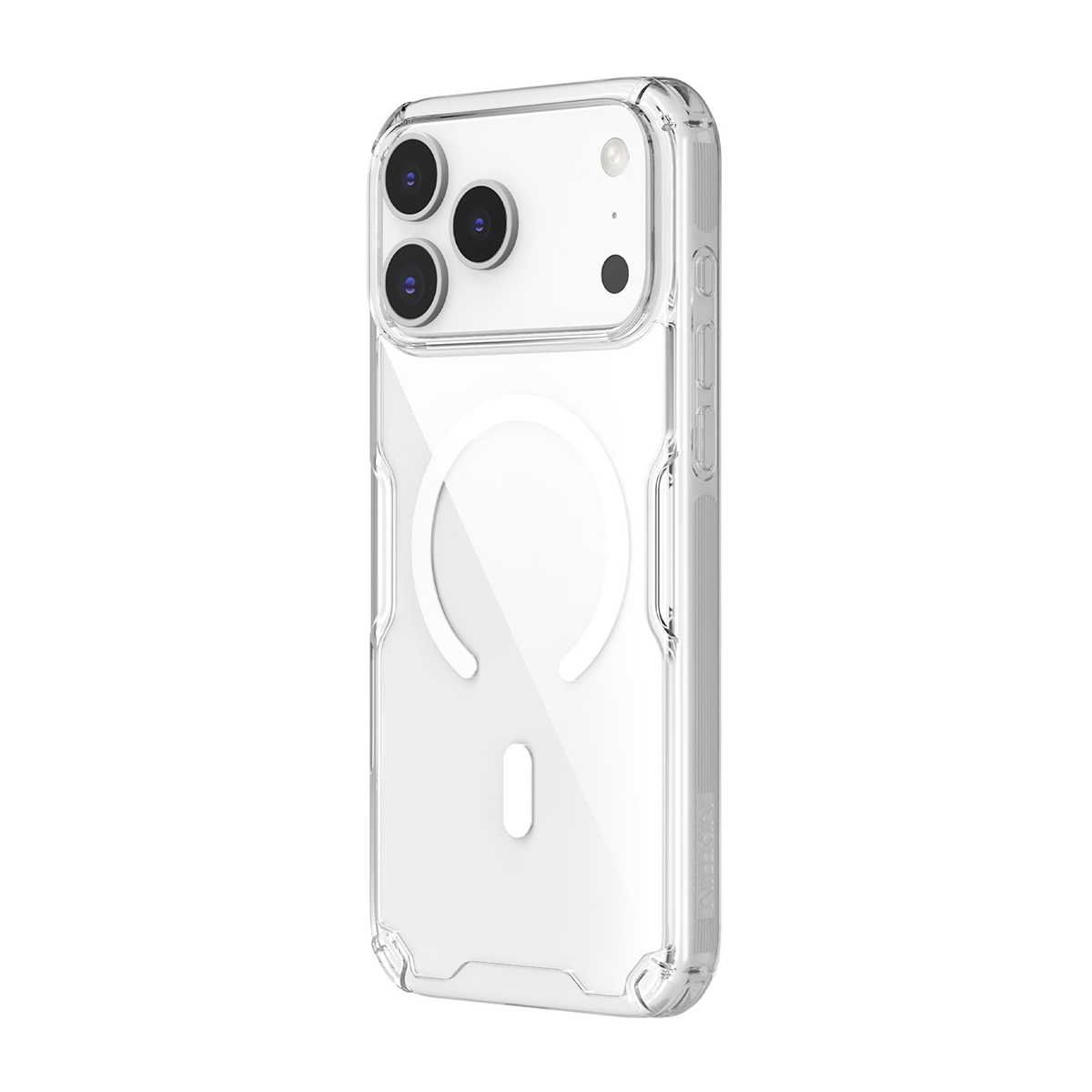 Funda transparente para teléfono con módulo de cámara y anillo magnético.