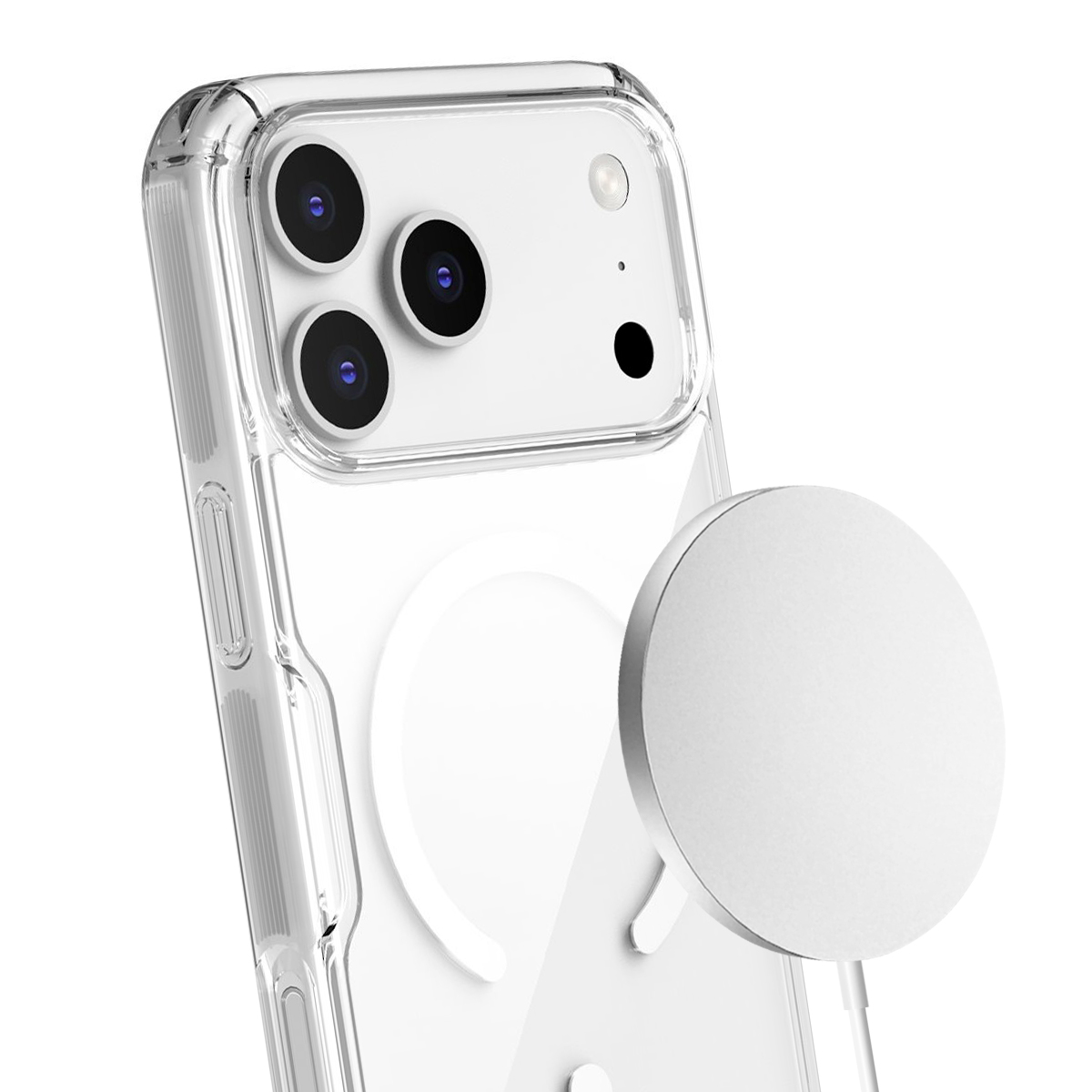 Funda transparente para teléfono con cargador magnético sobre fondo blanco.