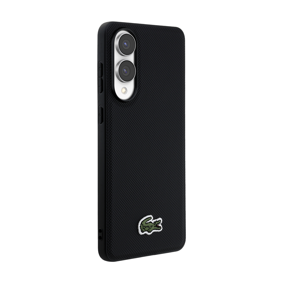 Funda negra para teléfono con logo de cocodrilo y recorte para cámara.