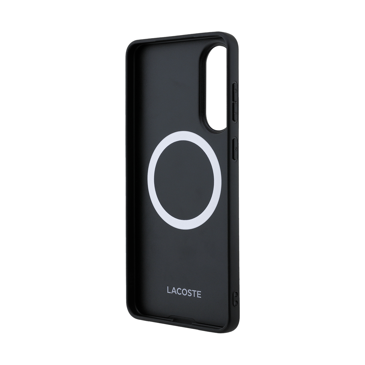Funda negra para teléfono con círculo blanco y logo Lacoste, sobre fondo blanco.