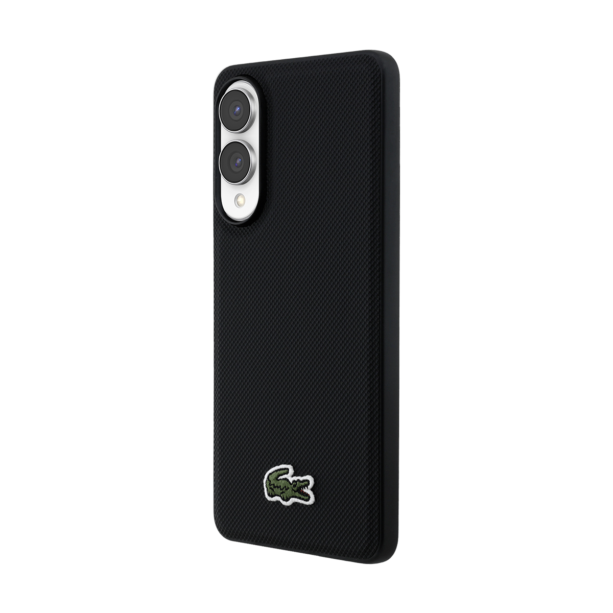 Funda negra para teléfono con superficie texturizada y logo de cocodrilo Lacoste.
