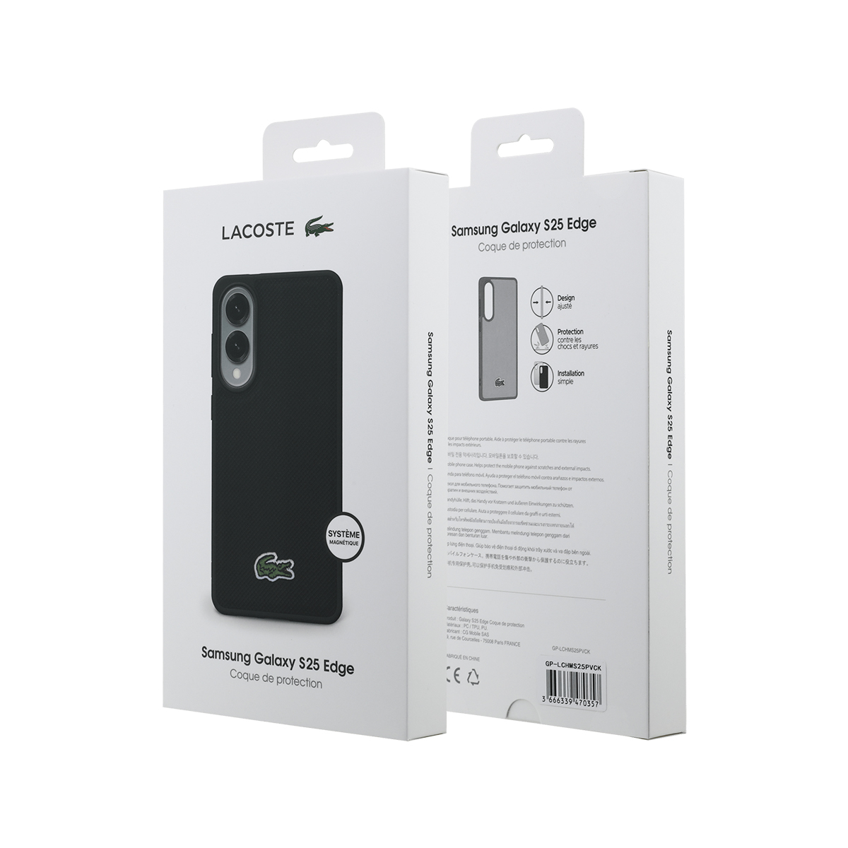 Embalaje de funda Lacoste Samsung Galaxy S25 Edge con imagen del producto.