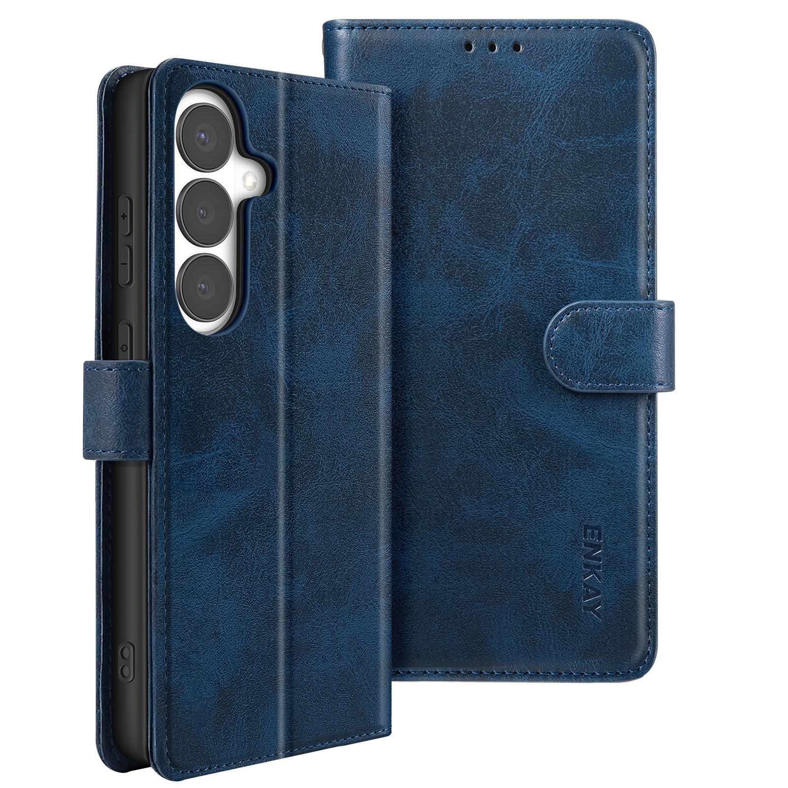 Dunkelblaues Handycover im Querformat mit drei Kameralinsen und Magnetverschluss.
