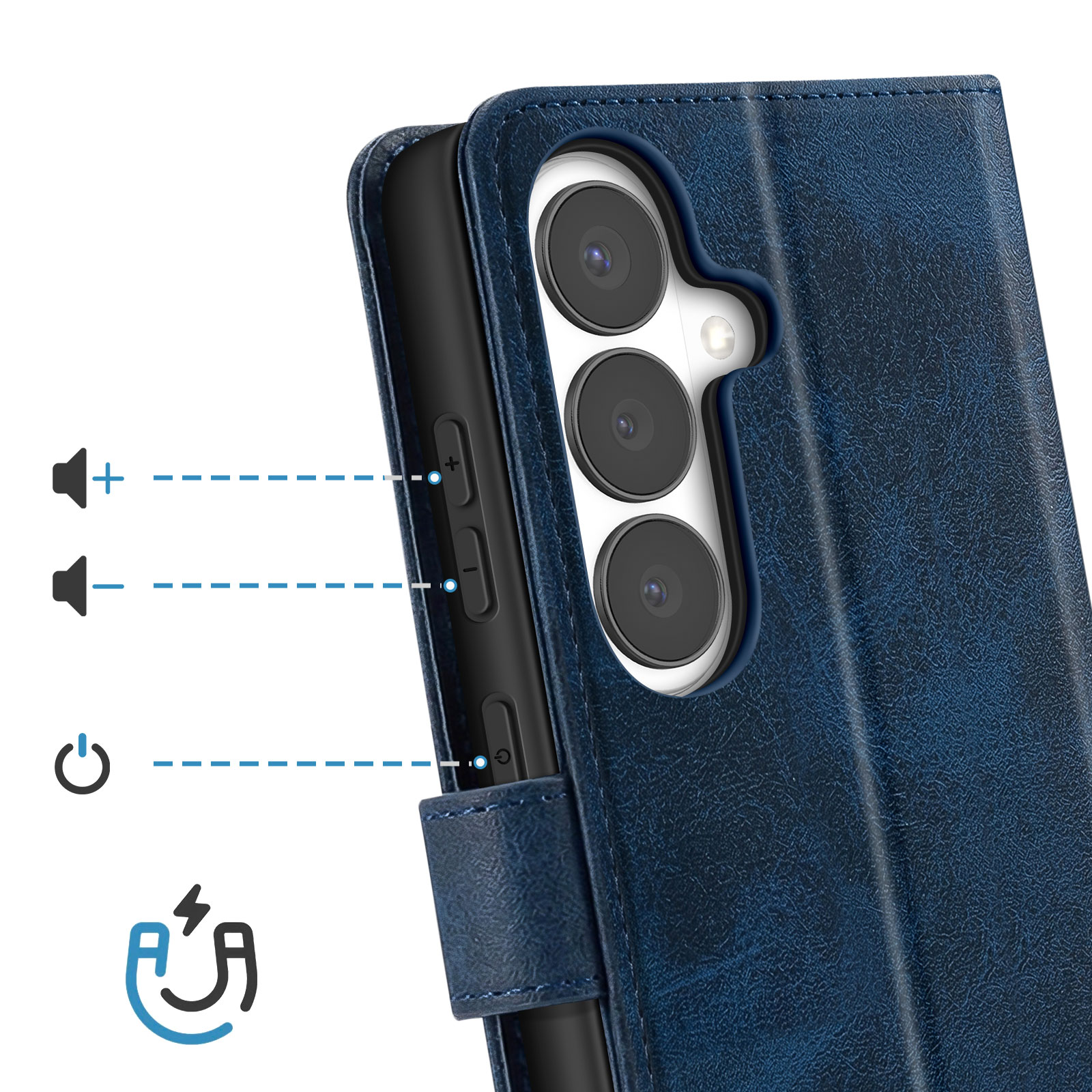 Blaue Handyhülle mit Kamera und Tasten. Lautstärke- und Einschaltsymbole.