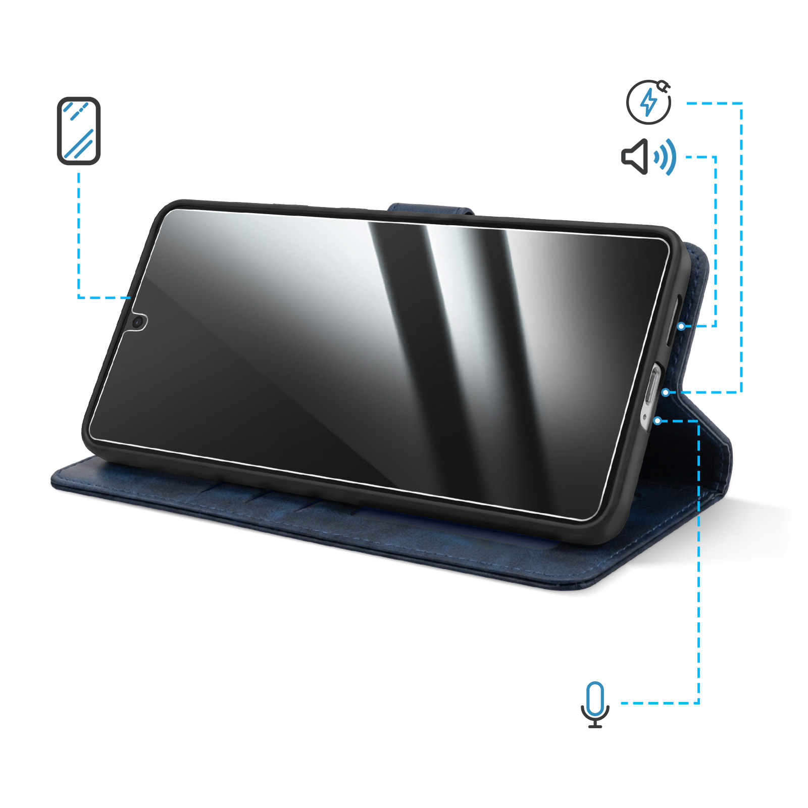 Blaue Handyhülle mit offenem Klappdeckel und einem Smartphone.