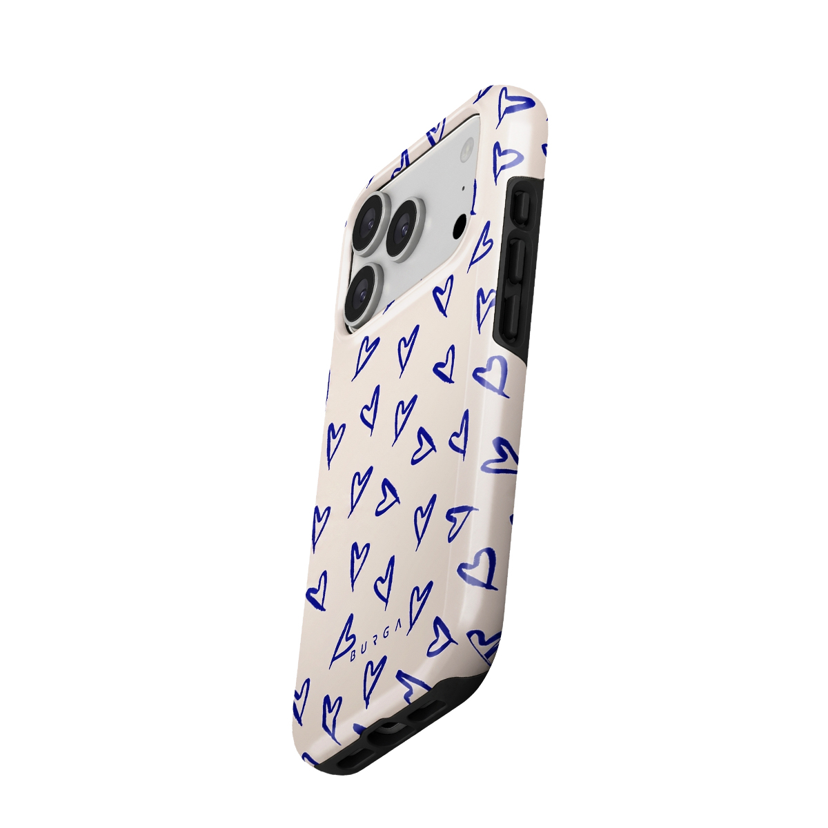 Una funda de teléfono beige claro con estampados de corazón azules y tres lentes de cámara.