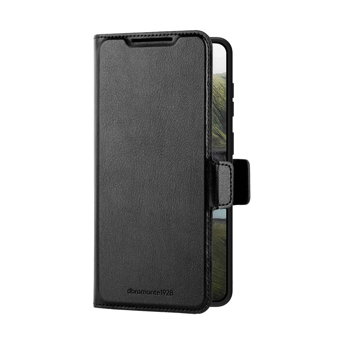 Una funda de teléfono de cuero negro con cierre magnético. El teléfono es parcialmente visible.