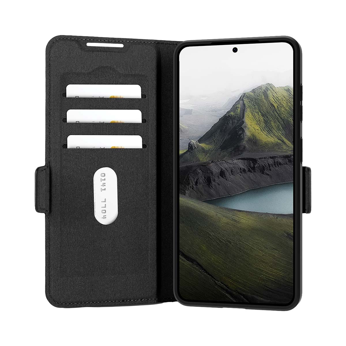 Funda negra para teléfono con ranuras para tarjetas, muestra paisaje montañoso.
