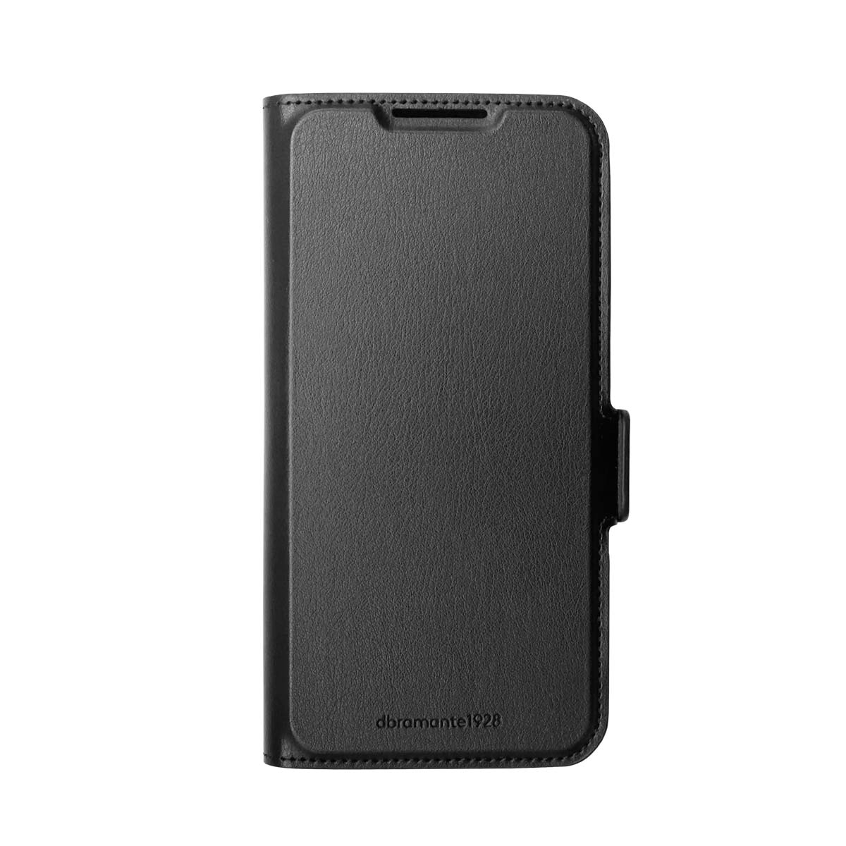Funda negra de cuero tipo libro cerrada con acabado texturizado y logo en relieve.