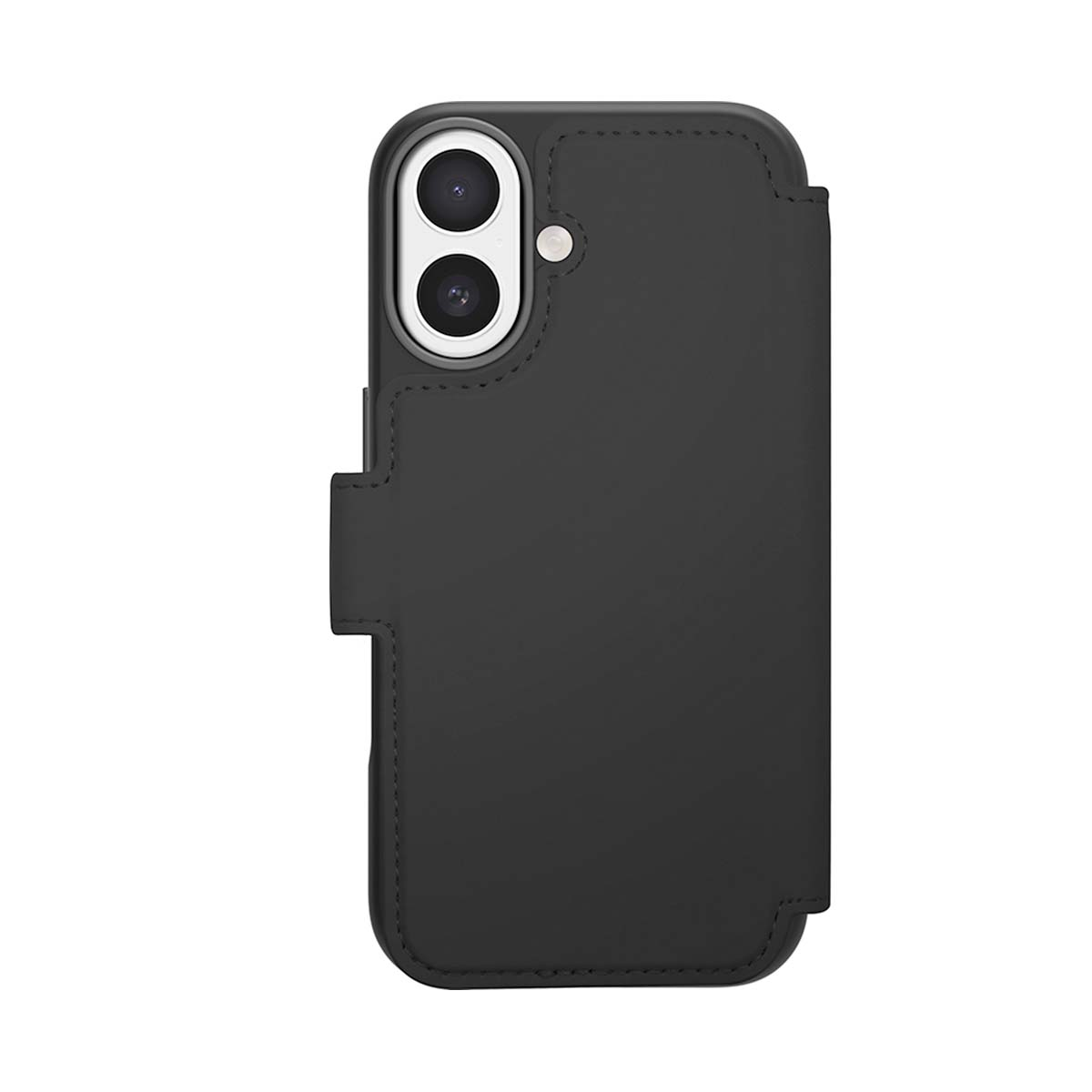 Funda negra para teléfono con dos lentes de cámara y un flash trasero.