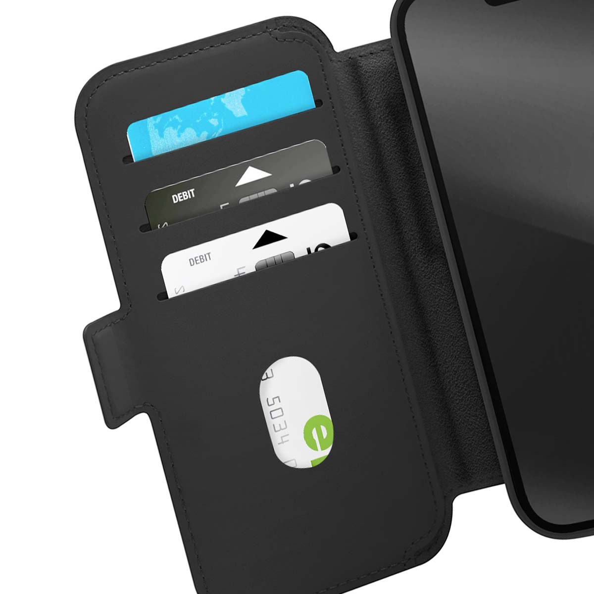Funda de teléfono negra con ranuras para tarjetas y ventana.