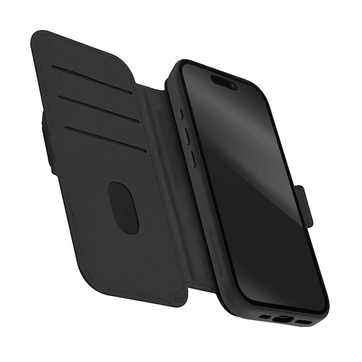 Una funda de teléfono plegable negra con un teléfono.